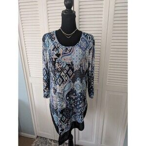 Cato Tunic Womens 14/16 Blue Paisley Assymetrical Stretch Blouse Top Comfy Sheer